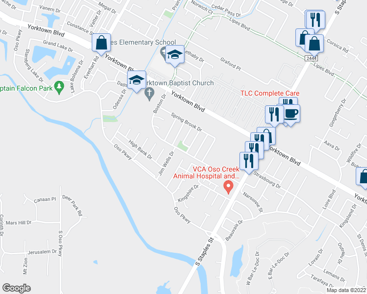 map of restaurants, bars, coffee shops, grocery stores, and more near 7653 Stony Brook Drive in Corpus Christi