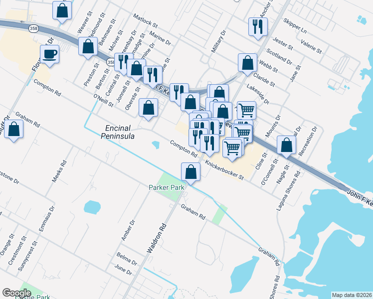 map of restaurants, bars, coffee shops, grocery stores, and more near 1245 Waldron Road in Corpus Christi
