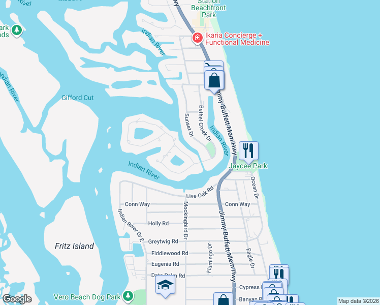 map of restaurants, bars, coffee shops, grocery stores, and more near 3 Cache Cay Drive in Vero Beach