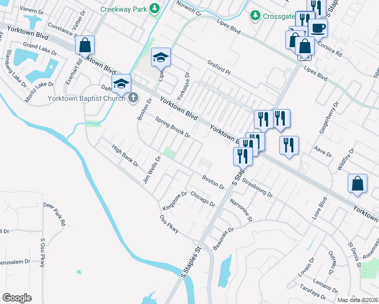 map of restaurants, bars, coffee shops, grocery stores, and more near 7630 Northfield Drive in Corpus Christi
