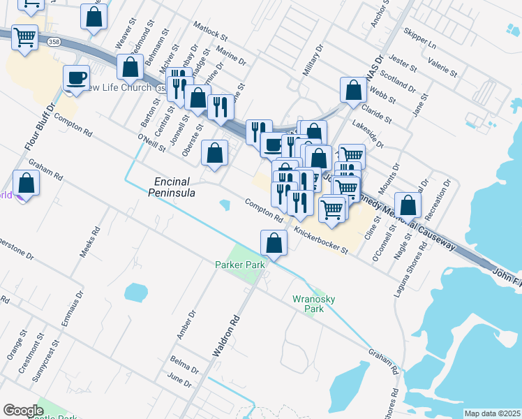 map of restaurants, bars, coffee shops, grocery stores, and more near 1245 Waldron Road in Corpus Christi