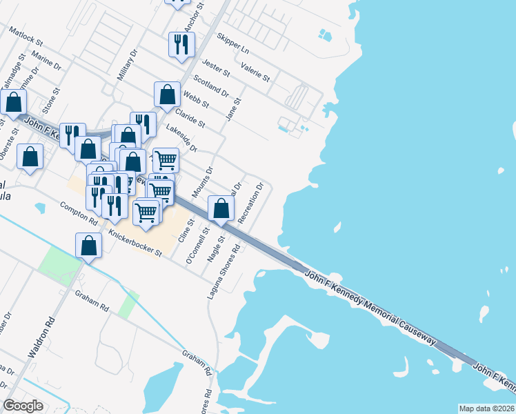 map of restaurants, bars, coffee shops, grocery stores, and more near 1001 Recreation Drive in Corpus Christi