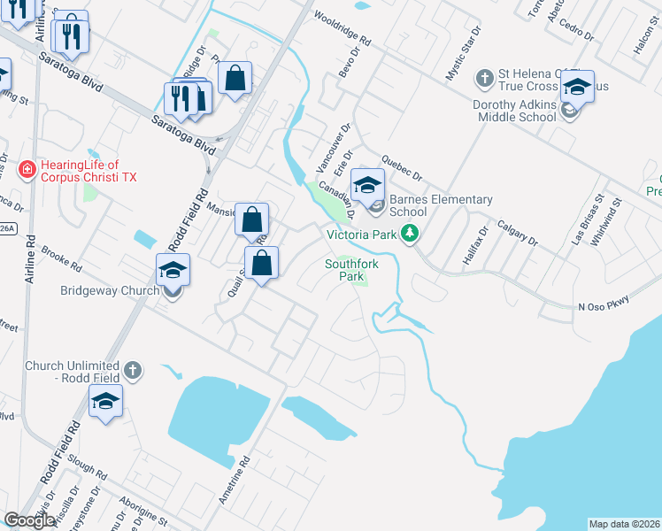 map of restaurants, bars, coffee shops, grocery stores, and more near 3009 Cedar Springs Road in Corpus Christi