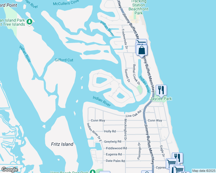map of restaurants, bars, coffee shops, grocery stores, and more near 73 Cache Cay Drive in Vero Beach