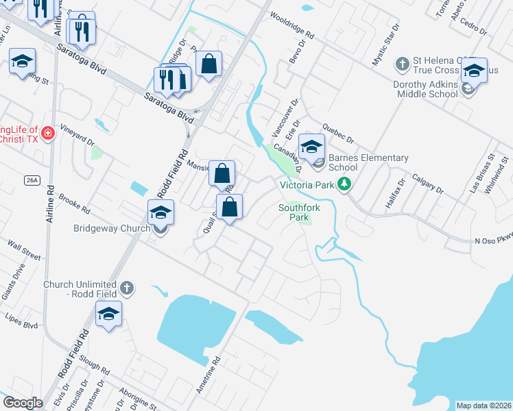 map of restaurants, bars, coffee shops, grocery stores, and more near 3021 Twin Creek Drive in Corpus Christi