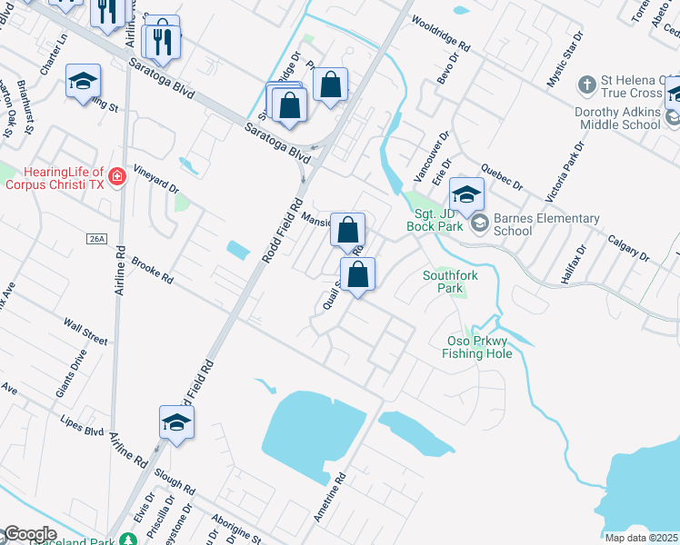 map of restaurants, bars, coffee shops, grocery stores, and more near 3051 Quail Springs Road in Corpus Christi