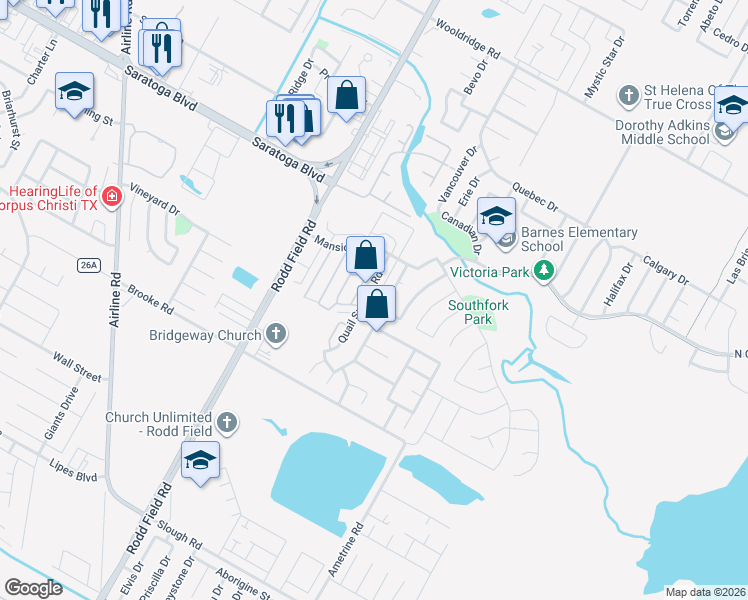 map of restaurants, bars, coffee shops, grocery stores, and more near 3021 Quail Hollow Drive in Corpus Christi