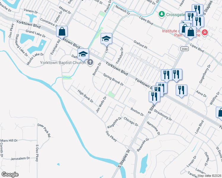 map of restaurants, bars, coffee shops, grocery stores, and more near 7613 Cedar Brook Drive in Corpus Christi