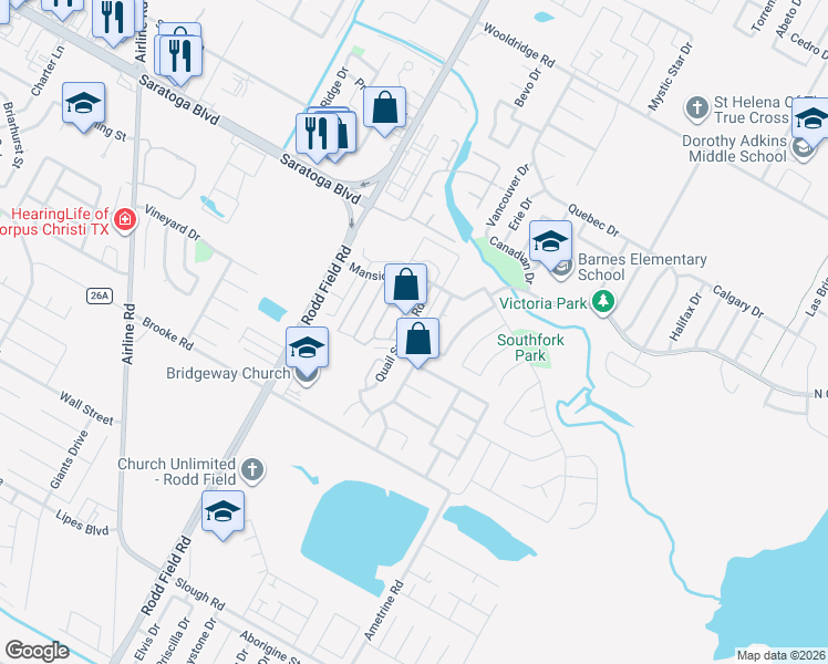 map of restaurants, bars, coffee shops, grocery stores, and more near 3021 Quail Hollow Drive in Corpus Christi