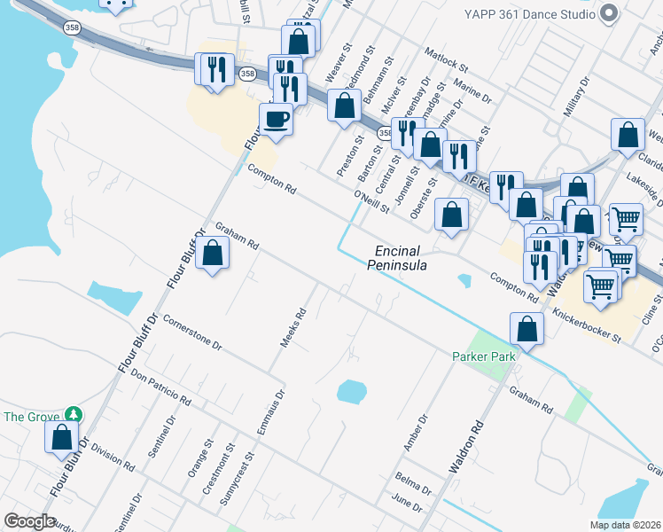 map of restaurants, bars, coffee shops, grocery stores, and more near 1102 Graham Road in Corpus Christi