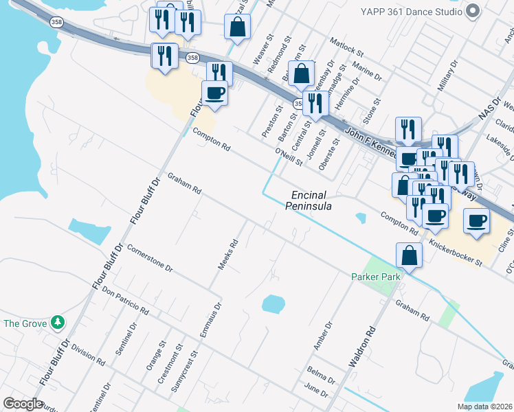 map of restaurants, bars, coffee shops, grocery stores, and more near 1102 Graham Road in Corpus Christi