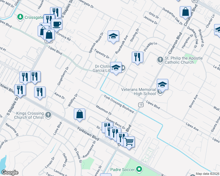 map of restaurants, bars, coffee shops, grocery stores, and more near 3822 Kitty Lane in Corpus Christi