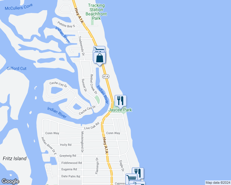 map of restaurants, bars, coffee shops, grocery stores, and more near 4450 Florida A1A in Vero Beach