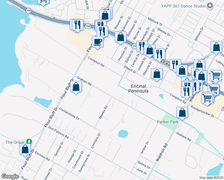 map of restaurants, bars, coffee shops, grocery stores, and more near 1102 Graham Road in Corpus Christi