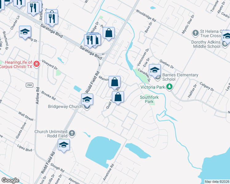 map of restaurants, bars, coffee shops, grocery stores, and more near 3025 Quail Springs Road in Corpus Christi