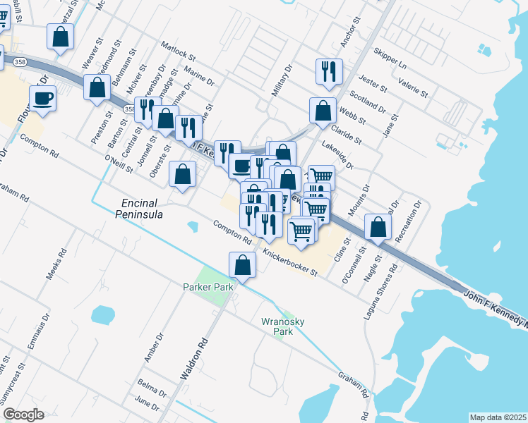 map of restaurants, bars, coffee shops, grocery stores, and more near 1190 Waldron Road in Corpus Christi