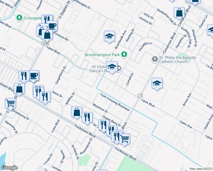 map of restaurants, bars, coffee shops, grocery stores, and more near 3818 Kitty Lane in Corpus Christi