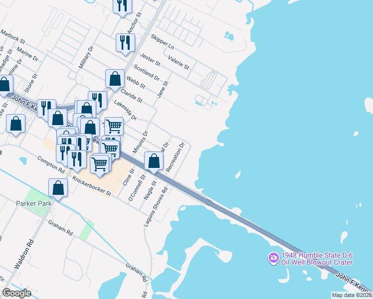 map of restaurants, bars, coffee shops, grocery stores, and more near 206 Lakeside Drive in Corpus Christi