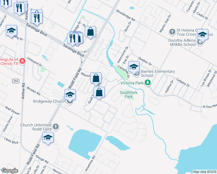 map of restaurants, bars, coffee shops, grocery stores, and more near 3021 Twin Creek Drive in Corpus Christi