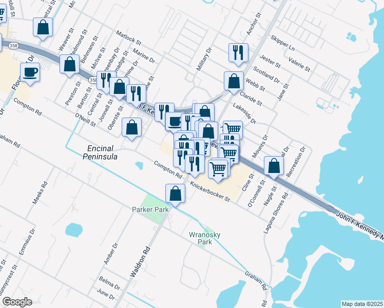 map of restaurants, bars, coffee shops, grocery stores, and more near 1190 Waldron Road in Corpus Christi
