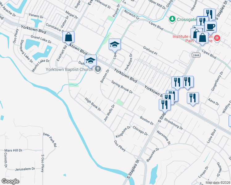map of restaurants, bars, coffee shops, grocery stores, and more near 7625 Timber Crest Drive in Corpus Christi