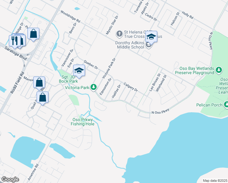 map of restaurants, bars, coffee shops, grocery stores, and more near 3110 Quebec Drive in Corpus Christi