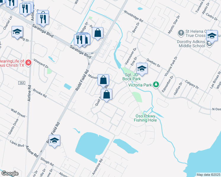 map of restaurants, bars, coffee shops, grocery stores, and more near 3021 Quail Hollow Drive in Corpus Christi