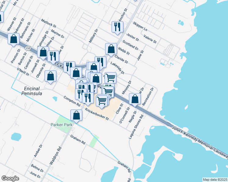 map of restaurants, bars, coffee shops, grocery stores, and more near 10530 South Padre Island Drive in Corpus Christi