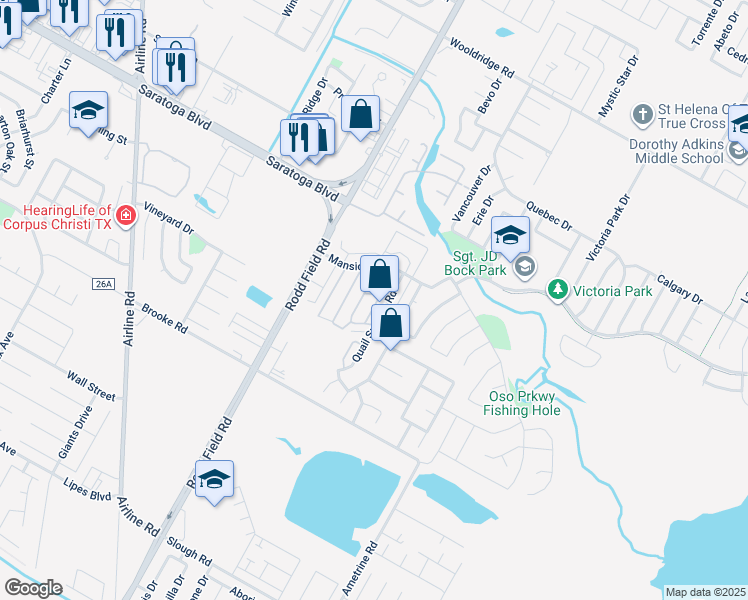 map of restaurants, bars, coffee shops, grocery stores, and more near 3051 Quail Springs Road in Corpus Christi