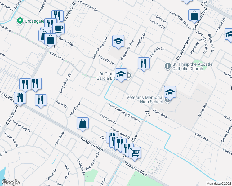 map of restaurants, bars, coffee shops, grocery stores, and more near 6101 Lipes Boulevard in Corpus Christi