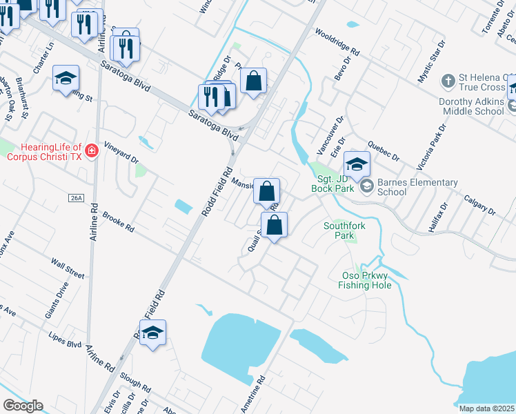 map of restaurants, bars, coffee shops, grocery stores, and more near 3051 Quail Springs Road in Corpus Christi
