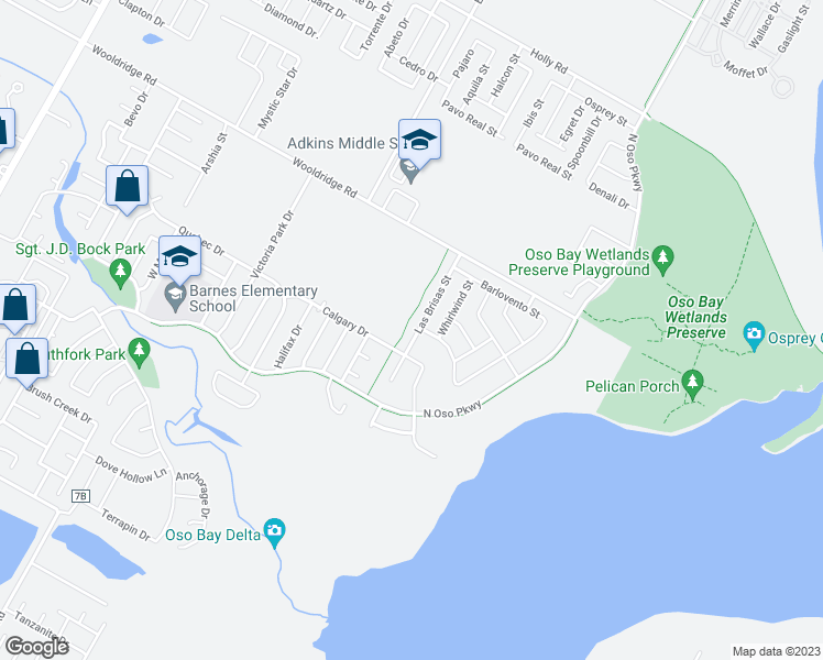 map of restaurants, bars, coffee shops, grocery stores, and more near 2633 Las Brisas Street in Corpus Christi