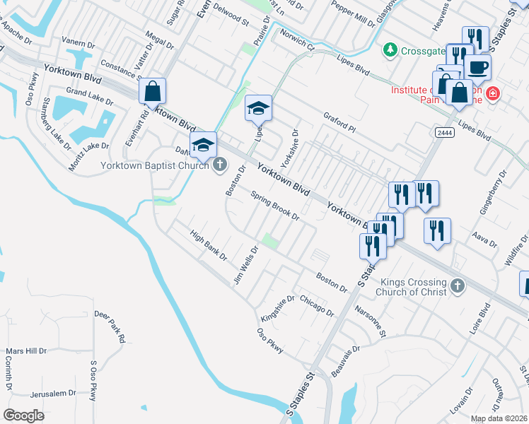 map of restaurants, bars, coffee shops, grocery stores, and more near 7613 Cedar Brook Drive in Corpus Christi