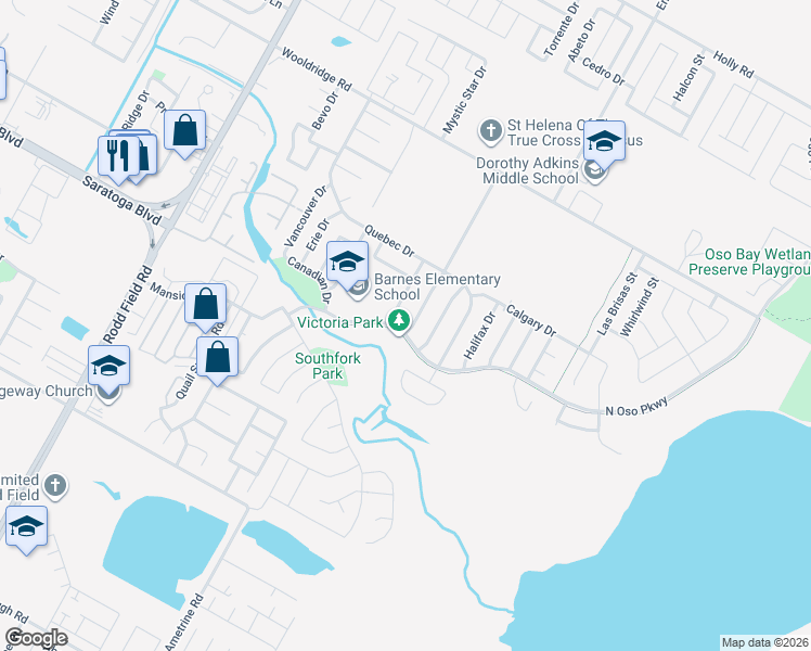 map of restaurants, bars, coffee shops, grocery stores, and more near 2833 Victoria Park Drive in Corpus Christi