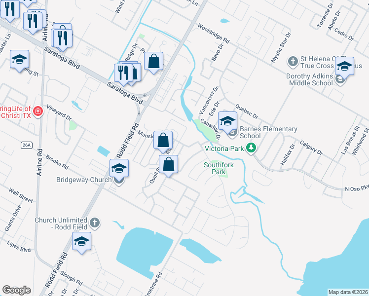 map of restaurants, bars, coffee shops, grocery stores, and more near 3021 Twin Creek Drive in Corpus Christi