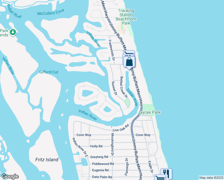 map of restaurants, bars, coffee shops, grocery stores, and more near 4504 Sunset Drive in Vero Beach