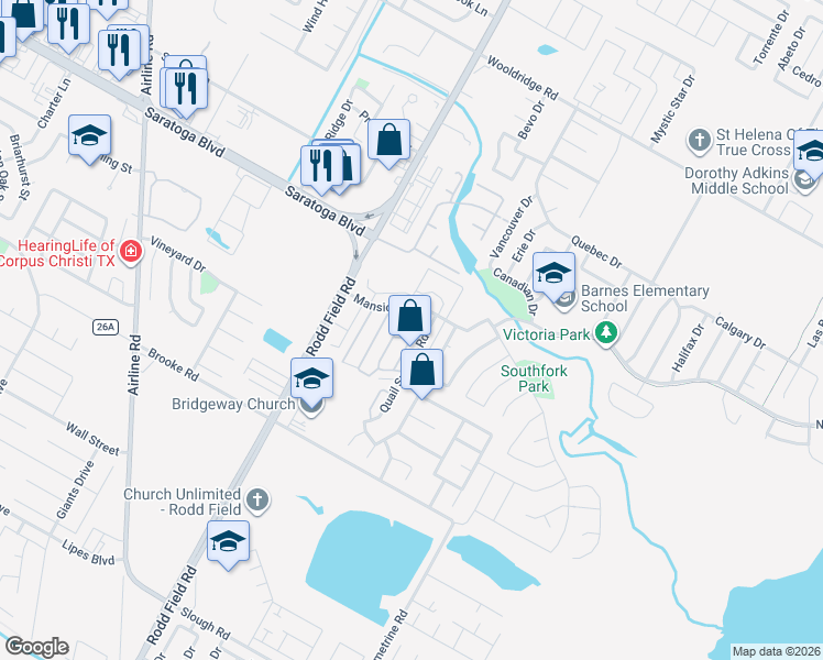 map of restaurants, bars, coffee shops, grocery stores, and more near 3051 Quail Springs Road in Corpus Christi