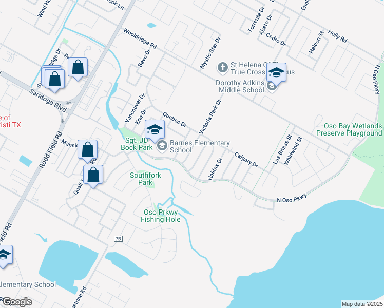 map of restaurants, bars, coffee shops, grocery stores, and more near 2814 Victoria Park Drive in Corpus Christi