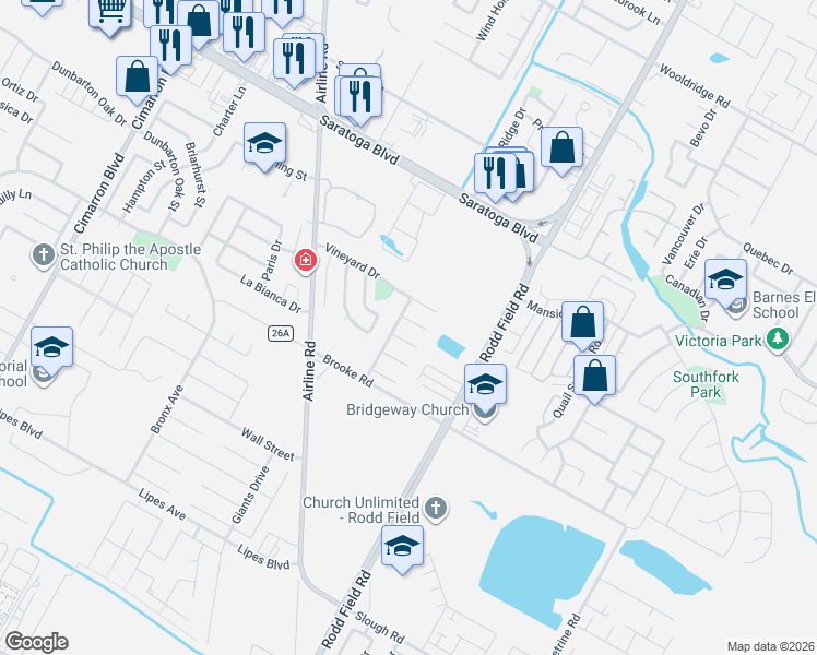 map of restaurants, bars, coffee shops, grocery stores, and more near 7005 Vineyard Drive in Corpus Christi
