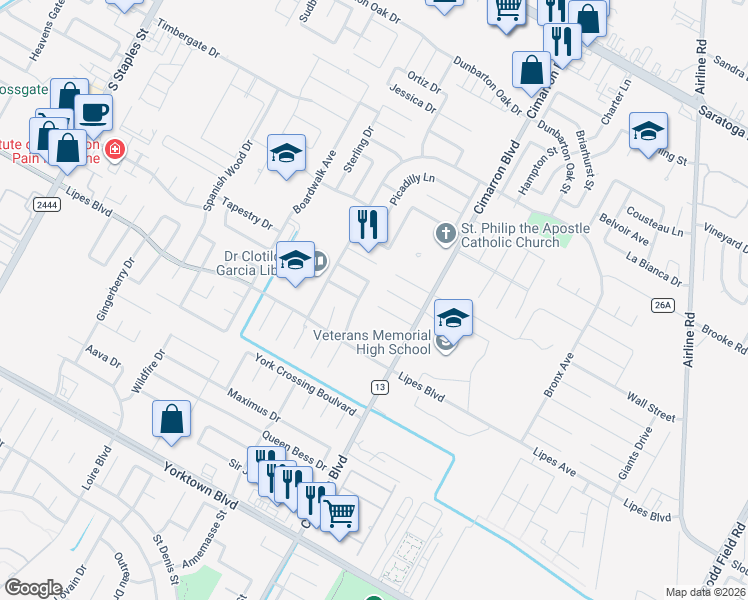 map of restaurants, bars, coffee shops, grocery stores, and more near 6225 Cornell Drive in Corpus Christi