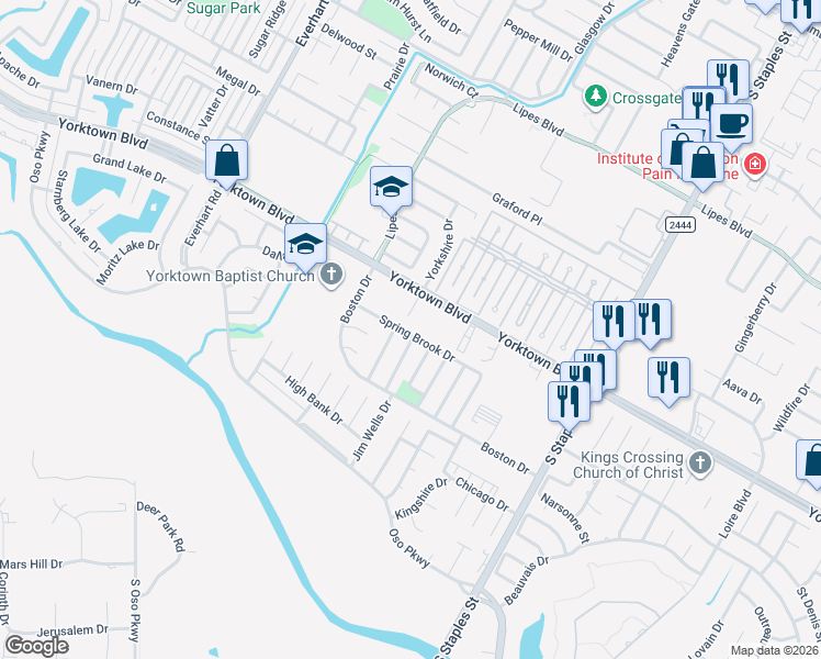 map of restaurants, bars, coffee shops, grocery stores, and more near 5229 Yorktown Boulevard in Corpus Christi
