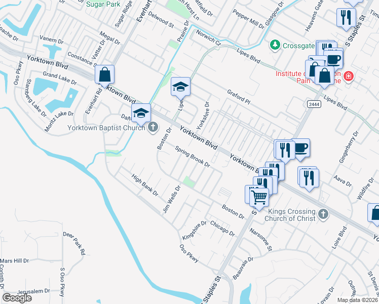 map of restaurants, bars, coffee shops, grocery stores, and more near 5229 Yorktown Boulevard in Corpus Christi