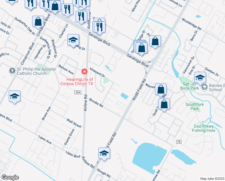 map of restaurants, bars, coffee shops, grocery stores, and more near 7005 Vineyard Drive in Corpus Christi