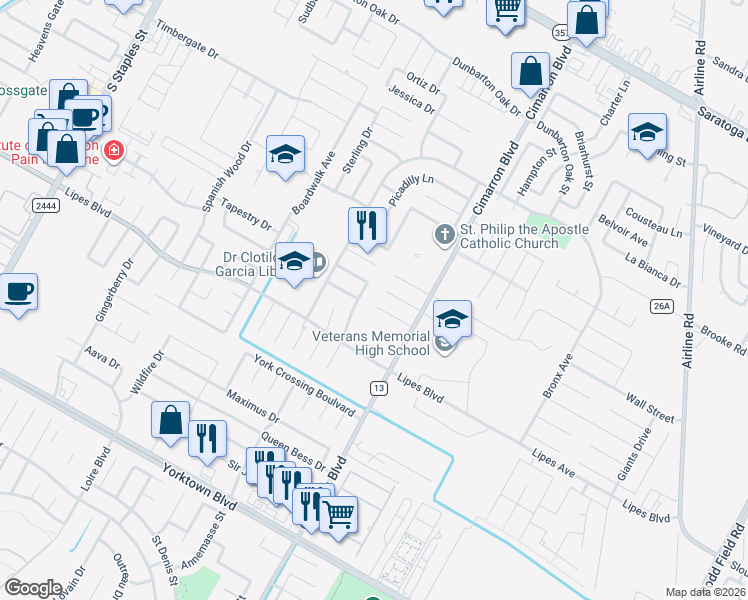 map of restaurants, bars, coffee shops, grocery stores, and more near 6225 Cornell Drive in Corpus Christi