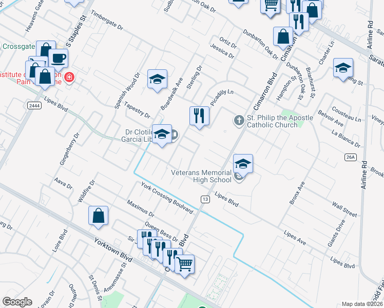 map of restaurants, bars, coffee shops, grocery stores, and more near 6225 Cornell Drive in Corpus Christi
