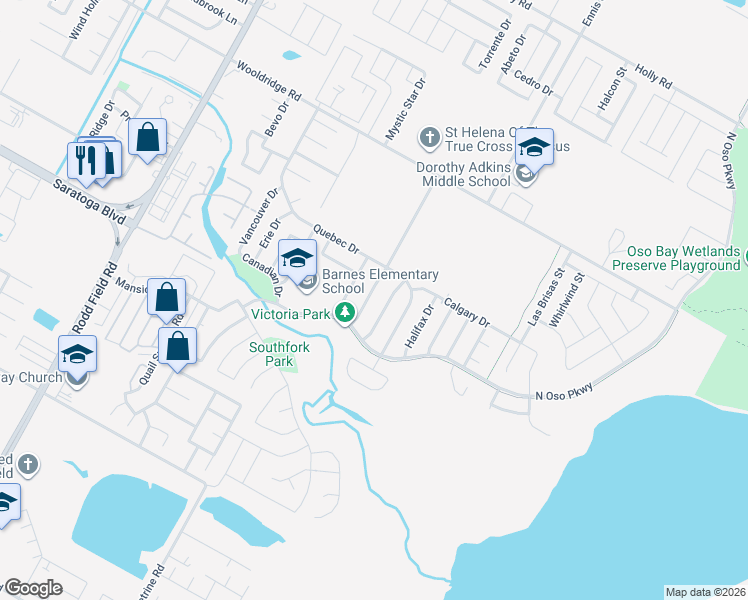 map of restaurants, bars, coffee shops, grocery stores, and more near 2801 Victoria Park Drive in Corpus Christi