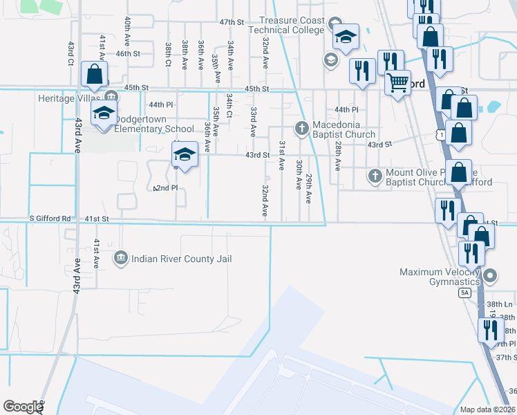 map of restaurants, bars, coffee shops, grocery stores, and more near 4180 32nd Avenue in Vero Beach