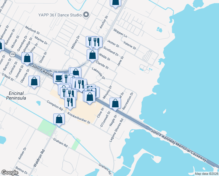map of restaurants, bars, coffee shops, grocery stores, and more near 412 Judie Court in Corpus Christi