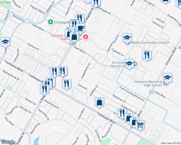 map of restaurants, bars, coffee shops, grocery stores, and more near 5801 Lavender Drive in Corpus Christi