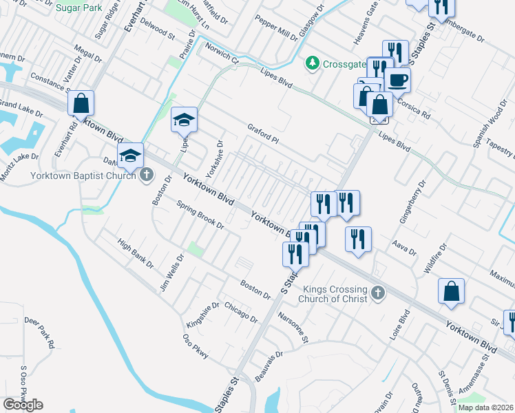 map of restaurants, bars, coffee shops, grocery stores, and more near 7037 Chiswick Drive in Corpus Christi